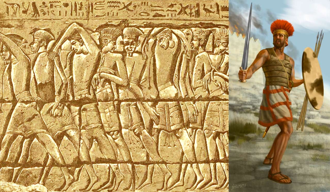上图:Medinet Habu神庙壁画上被俘的非利士人战士形象。「非利士人」来自迦斐托,即地中海的克里特岛(创十14;摩九7),在亚伯拉罕的时代就小规模地迁到迦南沿海平原(创二十一34)。以色列人进迦南大约一百年多后,非利士人大量入侵埃及和迦南,定居在迦南沿海平原的迦萨、亚实基伦、亚实突、迦特、以革伦等五个城邑(撒上六17-18),主前13世纪被珊迦打败后(士三31),维持了一段和平。当以色列人还不会炼铁的时候,非利士人就已经使用铁兵器,在沿海平原从事农业、畜牧和海上贸易,越来越强盛。主前12世纪,非利士人开始向内陆发展,与亚扪人同时扰害欺压以色列人(士十7-8),亚扪人欺压了河东的两个半支派十八年,而非利士人欺压了河西的但和犹大支派四十年,一直到撒母耳在米斯巴大获全胜(撒上七13-14)。此后,非利士人还时常与扫罗和大卫争战,直到大卫在利乏音谷两次大胜(撒下五17-25),才制服了非利士人(撒下八1)。南北分裂以后,非利士人对南国犹大的侵扰一直延续到被掳巴比伦(结二十五15-17)。