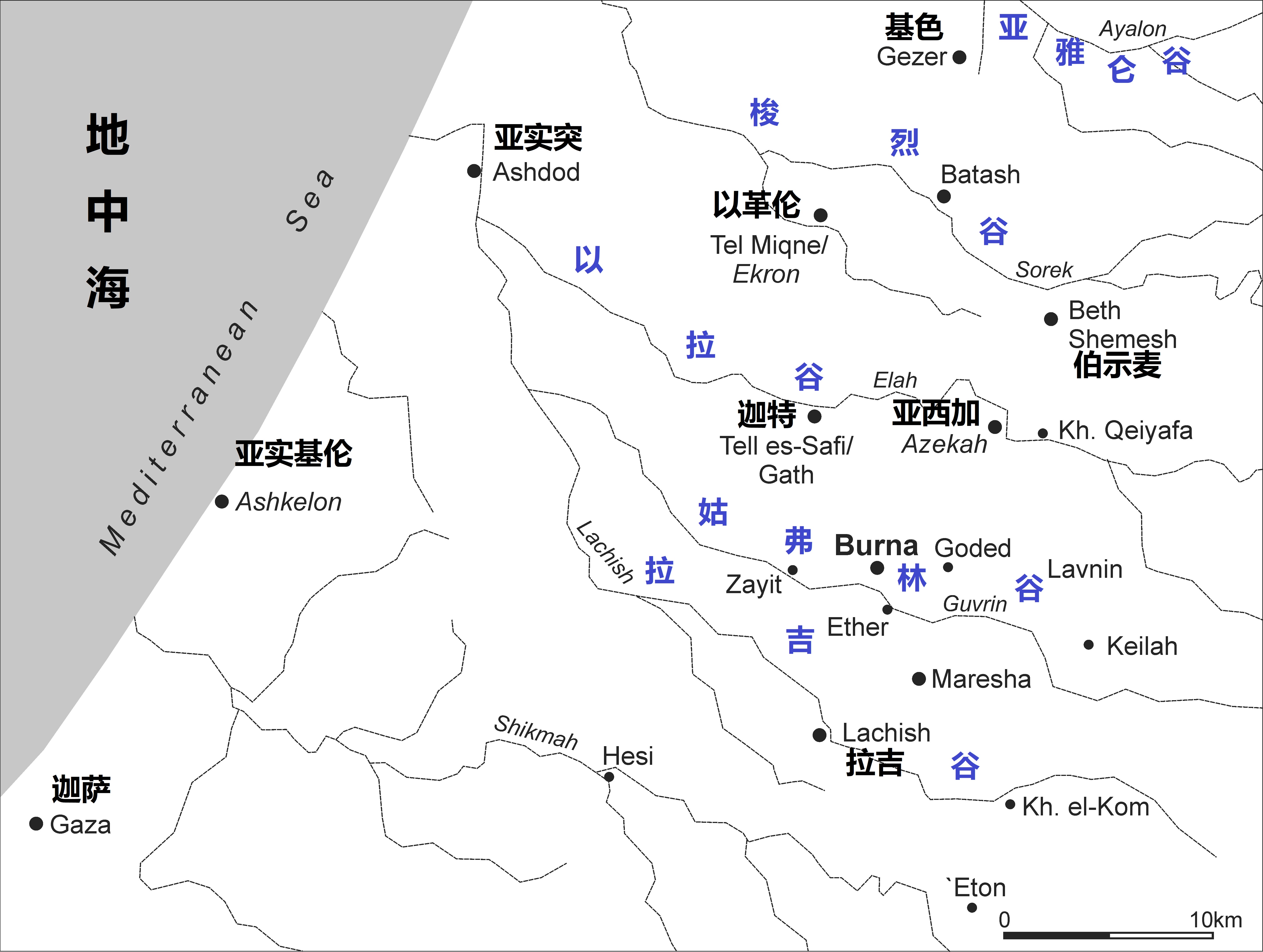 上图:示非拉丘陵的五个山谷。示非拉丘陵位于犹大山地和非利士沿海平原之间,许多季节性的河道经过这里流向平原,形成五个东西走向的主要山谷,成为从非利士沿海平原进入犹大山地的天然交通路线,也成为以色列人与非利士人经常争战的地方。这五个山谷从北到南依次是: 1、亚雅仑谷(Aijalon Valley):亚雅仑谷的上游有两条支谷,北支谷通往便雅悯高原中部,南支谷通往耶路撒冷。基色扼守亚雅仑谷西边的入口,上伯和仑和下伯和仑是通往便雅悯的两个重要城邑。 2、梭烈谷(Sorek Valley):梭烈谷在五个山谷中最平缓,所以成为进入犹大山地优先选择的通道,可以通往耶路撒冷和伯利恆。梭烈谷就是参孙对抗非利士人的地方。 3、以拉谷(Elah Valley):这是进入希伯仑和伯利恆的关键通道。亚西加扼守着以拉谷西边的入口。以拉谷是大卫与巨人歌利亚决战的地方。 4、姑弗林谷(Guvrin Valley):姑弗林谷可以通往希伯仑,但比较少被人使用。 5、拉吉谷(Lachish Valley):拉吉谷可以通往犹大山地南部的重要城市希伯仑。